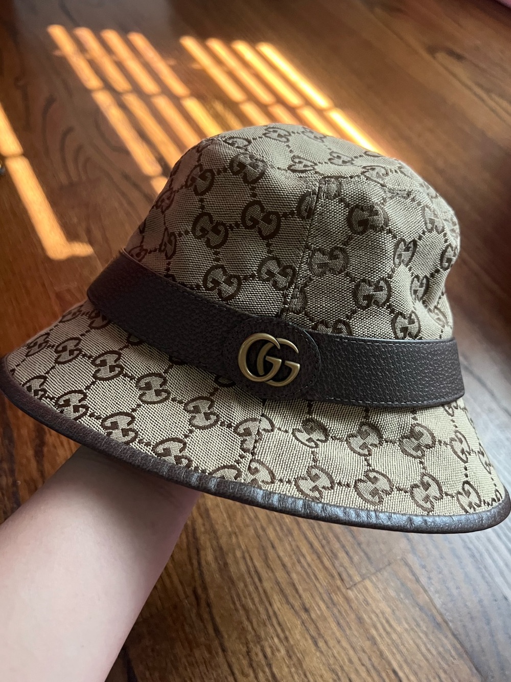 Gucci Beige and Brown GG Monogram Bucket Hat with Gold Accent